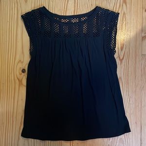 Gap crochet drapey top black mesh lace panel loose boho knit tee shirt XS